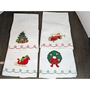 VTG LILLIAN VERNON Appliqued Christmas Guest Tea Towels Napkins SET OF 4 Cotton